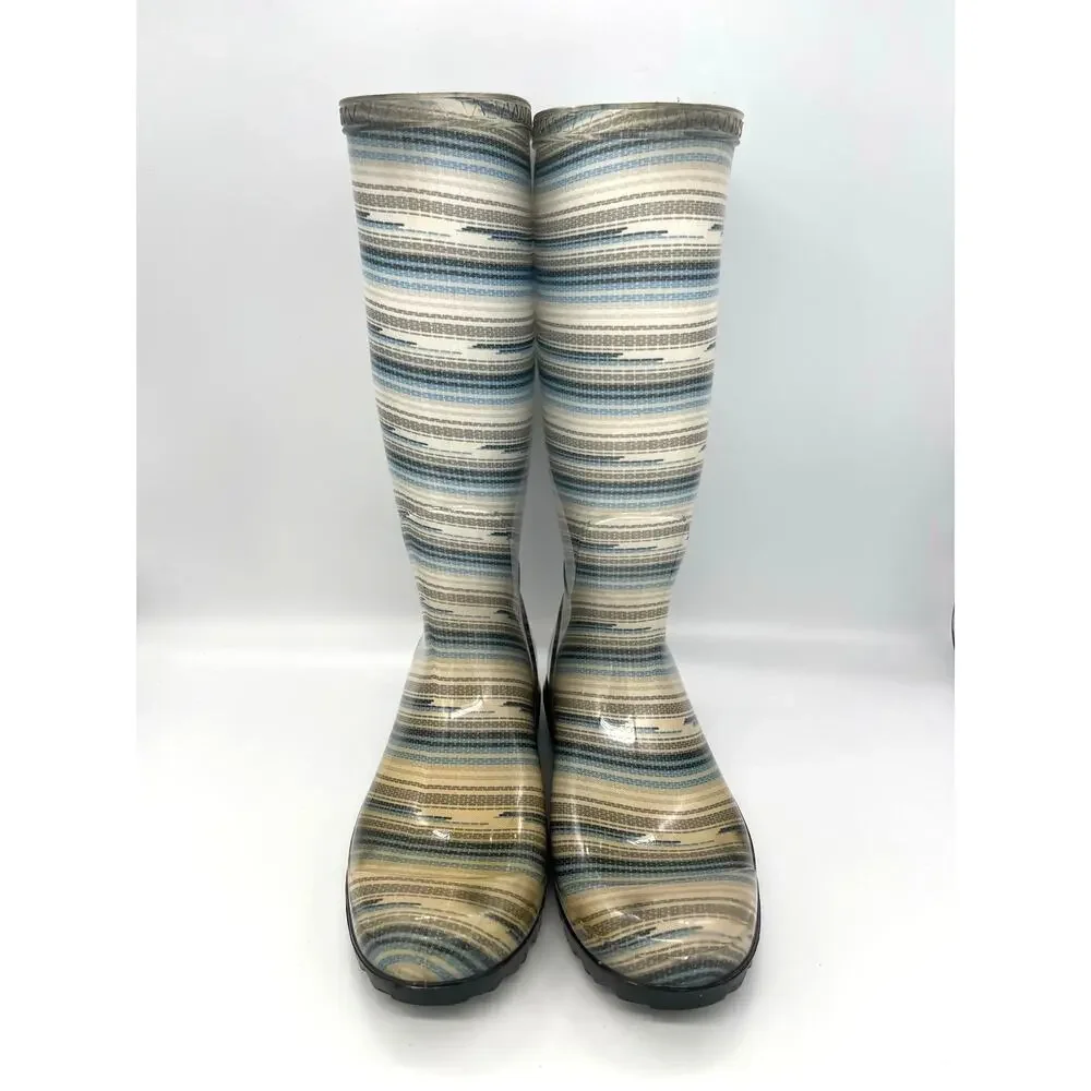 UGG Shaye Striped Rubber Rainboots Women's Size 7 Blue / Gray / White